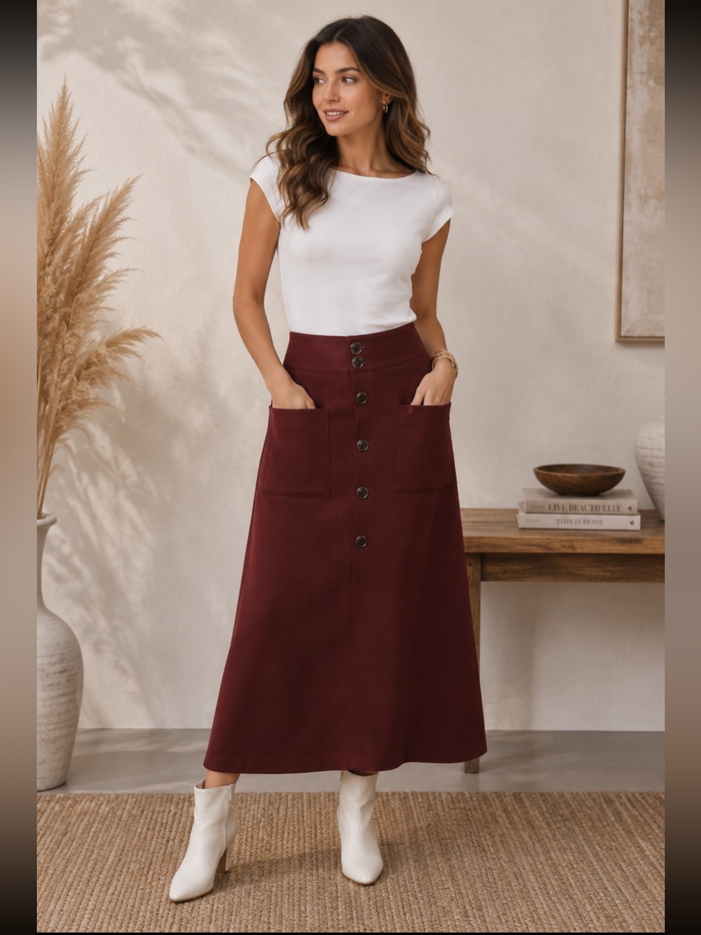 FROM PARIS FRANCE 🇫🇷 Button-Front Burgundy Midi Skirt with Pockets